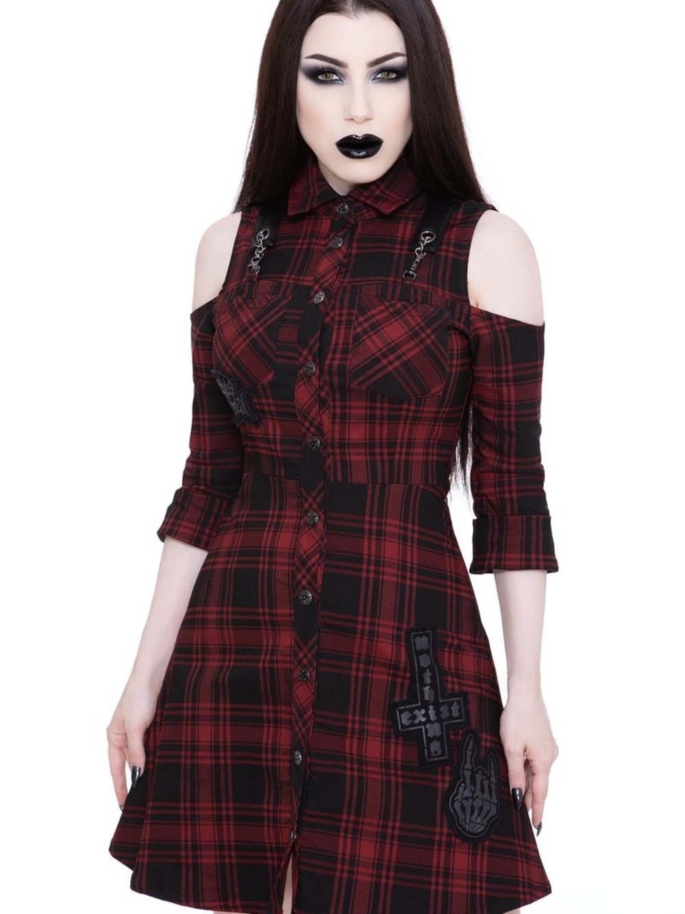 KILLSTAR Red and Black Plaid Cold-Shoulder Shirt Dress